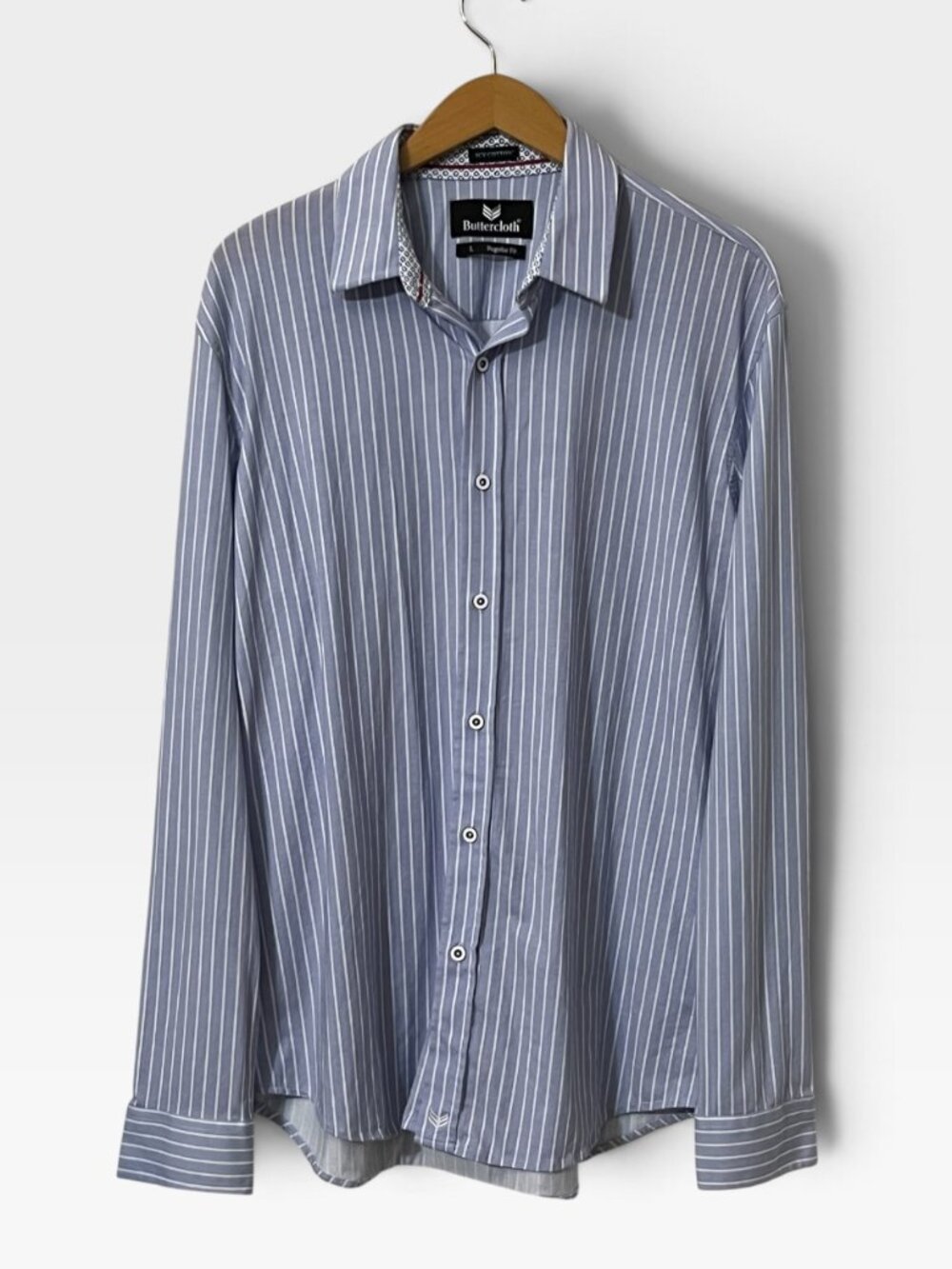 Buttercloth Icy Cotton Shirt Mens L Blue White Striped Stretch Knit Button Up